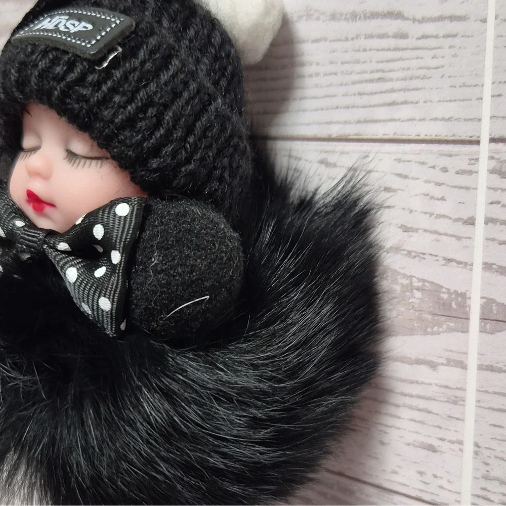 Hdsp Black Faux Fur Doll sleeping Pom Pom Key Chain Polka Dot Bow LOVE Strap